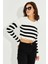 Kadın Ekru-Siyah Çizgili Yırtık Crop Kazak SF2200 3
