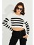 Kadın Ekru-Siyah Çizgili Yırtık Crop Kazak SF2200 4