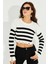 Kadın Ekru-Siyah Çizgili Yırtık Crop Kazak SF2200 5