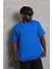 Unisex Oversize Düz Bisiklet Yaka T-Shirt - Mavi 2