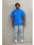 Unisex Oversize Baskılı Bisiklet Yaka T-Shirt - Mavi 4