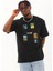 Unisex Oversize Baskılı Bisiklet Yaka T-Shirt - Siyah 2