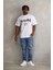 Unisex Kuşgözü Detaylı Baskılı Oversize T-Shirt - Beyaz 5