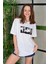Unisex Bisiklet Yaka Baskılı Oversize T-Shirt - Beyaz 1