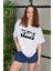 Unisex Bisiklet Yaka Baskılı Oversize T-Shirt - Beyaz 2