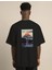 Unisex Bisiklet Yaka Baskılı Oversize T-Shirt - Siyah 4