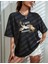 Kadın Bisiklet Yaka Baskılı Oversize T-Shirt - Siyah 1