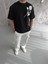 Unisex Bisiklet Yaka Baskılı Oversize T-Shirt - Siyah 1