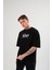 Unisex Bisiklet Yaka Baskılı Oversize T-Shirt - Siyah 1