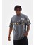 Unisex Bisiklet Yaka Baskılı Oversize T-Shirt - Gri 1