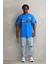 Unisex Bisiklet Yaka Baskılı Oversize T-Shirt - Mavi 5