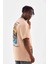 Unisex Bisiklet Yaka Baskılı Oversize T-Shirt - Bej 4