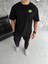 Unisex Bisiklet Yaka Baskılı Oversize T-Shirt - Siyah 1