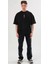 Unisex Bisiklet Yaka Baskılı Oversize T-Shirt - Siyah 1
