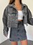 Çift Cepli Yıkamalı Crop Denim Ceket 3