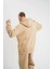 Unisex Double Oversize Kapşonlu Basic Sweatshirt - Bej 4