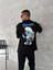 Ön ve Arka Baskılı Oversize Bisiklet Yaka T-Shirt- Siyah 4