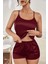 Kadın Bordo Asimetrik Sırt Dekolte Detaylı Şık Şortlu Gecelik Takım 4