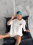 Unisex Bisiklet Yaka Baskılı Oversize T-Shirt - Beyaz 3