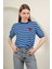 Triko Çizgili Kalp Desenli Kadın Kısa Kol Lacivert Bluz Lacivert - Standart 1