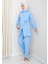 Kadın Kuşaklı Düğmeli Çilek Kumaş Mavi Ikili Takım 1