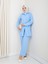 Kadın Kuşaklı Düğmeli Çilek Kumaş Mavi Ikili Takım 2