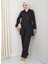 Kadın Kuşaklı Düğmeli Çilek Kumaş Siyah Ikili Takım 1