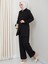 Kadın Kuşaklı Düğmeli Çilek Kumaş Siyah Ikili Takım 2
