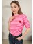 Triko Çizgili Kalp Desenli Kadın Kısa Kol Siyah Bluz Pembe - Standart 1