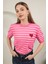 Triko Çizgili Kalp Desenli Kadın Kısa Kol Siyah Bluz Pembe - Standart 3