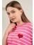 Triko Çizgili Kalp Desenli Kadın Kısa Kol Siyah Bluz Pembe - Standart 4