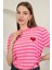 Triko Çizgili Kalp Desenli Kadın Kısa Kol Siyah Bluz Pembe - Standart 5