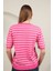 Triko Çizgili Kalp Desenli Kadın Kısa Kol Siyah Bluz Pembe - Standart 6