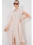 1677 Boydan Düğmeli Kuşaklı Elbise - Krem 4