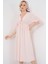 2570 Kadın Beli Büzgülü V Yaka Elbise - Pudra 4