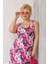 Kadın Pembe Beyaz Floral Desen Askılı Büyük Beden Elbise 6