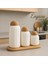3'lü Top Mantar Kapaklı Stantlı Çizgili Porselen Kavanoz ve Baharatlık Seti 1
