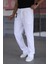 Çift Pileli Beyaz Renk Beli Yarım Lastikli Kaliteli Rahat Kesim Keten Baggy Pantolon 4