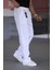 Çift Pileli Beyaz Renk Beli Yarım Lastikli Kaliteli Rahat Kesim Keten Baggy Pantolon 5