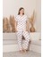 Kadın Kısa Kol Uzun Alt Kalp Desenli Battal Pijama Takımı 2