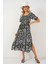 2512 Desenli Yırtmaçlı Elbise - D. Siyah 4