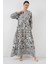 2423 Otantik Desenli Tesettür Elbise - K. Antrasit 1