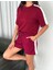 Osy Modal Yumuşak Dokulu Kumaş Parçalı Bisiklet Yaka T-Shirt Kısa Şort Ikili Takım - Bordo 1