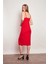Hafif Likralı Iç Göstermez Degaje Yaka Ip Askılı Önden Yırtmaçlı Diz Altı Elbise-Kırmızı 4