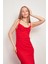 Hafif Likralı Iç Göstermez Degaje Yaka Ip Askılı Önden Yırtmaçlı Diz Altı Elbise-Kırmızı 5