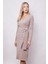 Kadın Hafif Likralı Triko Kruvaze Anvelop Bağcıklı Uzun Kol Diz Altı Uzun Elbise-Bej 4