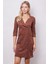 Kadın Kadife Likralı Yumuşak Dokulu Kruvaze Kapri Truvakar Kol Kolu Yırtmaçlı Ofis Ceket Elbise-Fındık Kabuğu 5