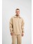 Unisex Double Oversize Patlı Yaka Sweatshirt - Bej 1