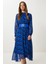 Kemerli Desenli Volanlı Şifon Elbise LFG0085 Koyu Mavi 1