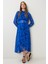 Kemerli Desenli Volanlı Şifon Elbise LFG0075 Koyu Mavi 1
